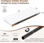 Heimlove 24 Inch Floating Shelves for Wall White Shelves Set of 2,Wall Mounted Rustic Wood 8 Inch Deep Floating Shelf with Invisible Brackets for Bedroom Kitchen Living Room