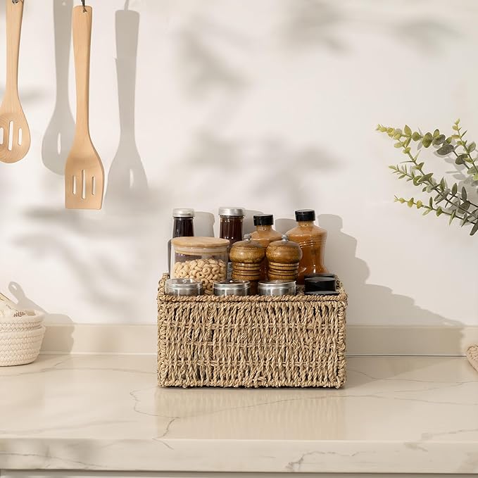 StorageWorks Wicker Silverware Organizer with Handle, Seagrass Kitchen Utensil Holder, Large Utensil Holder for Kitchen Counter, Spoon Forks Knife Cutlery Caddy, Paper Plate Dispenser for Countertop