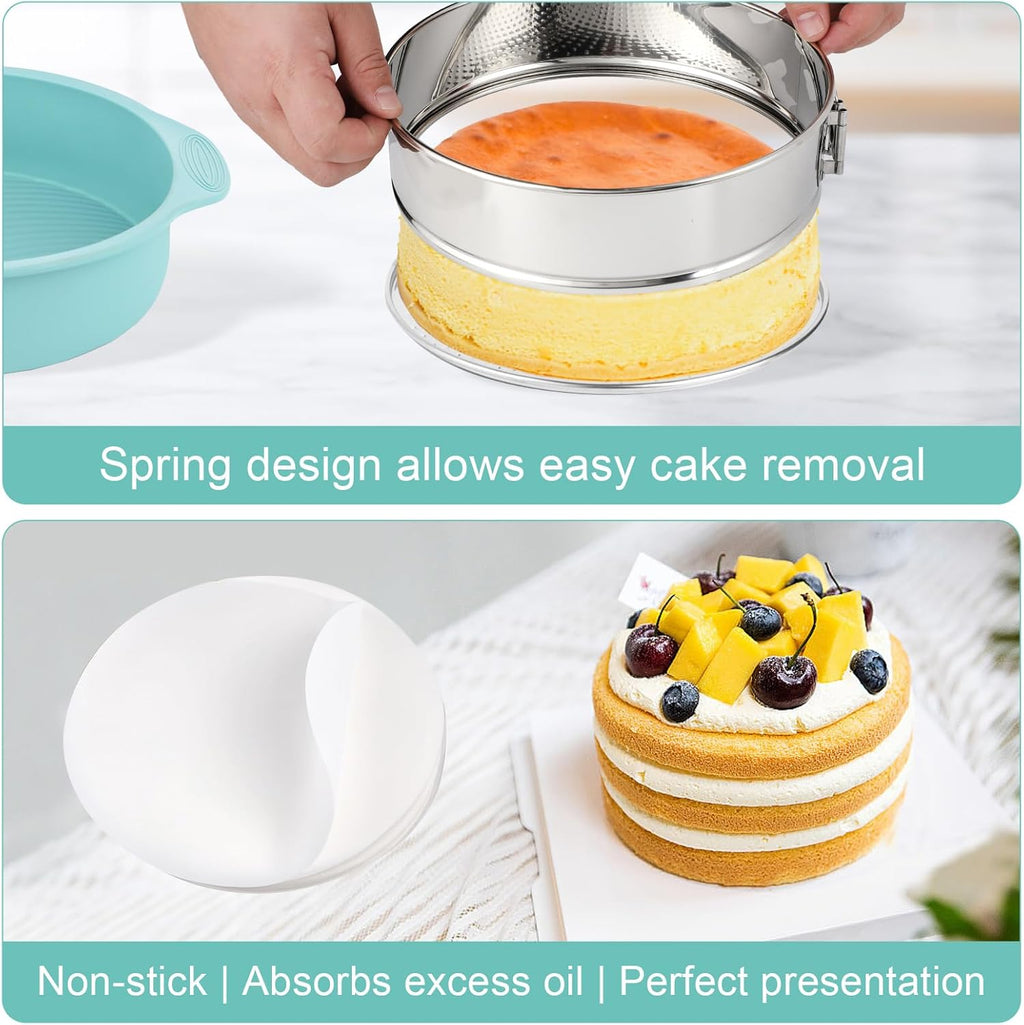 9inch 304 Stainless Steel Springform Cake Pan with Detachable Bottom, Silicone Cheesecake Pan Protector, Parchment Paper, Decorating Kit Piping Bags and Tips- Ideal for Home Bakers