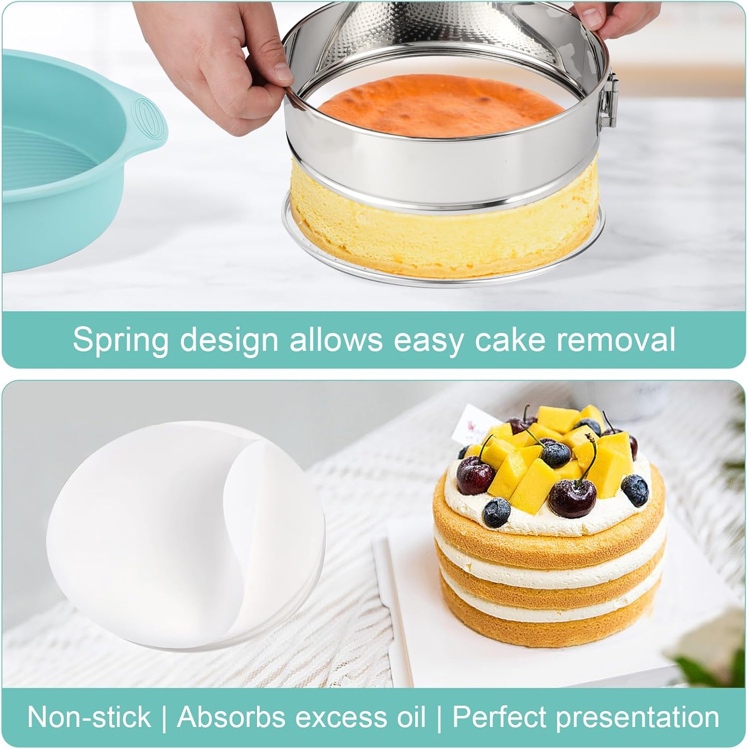 9inch 304 Stainless Steel Springform Cake Pan with Detachable Bottom, Silicone Cheesecake Pan Protector, Parchment Paper, Decorating Kit Piping Bags and Tips- Ideal for Home Bakers