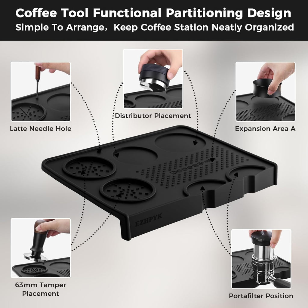 Food Grade Silicone Espresso Tamping Mat for Counter – Waterproof Non-Slip Coffee Tamper Mat for Barista Espresso Machine Accessories – Multi-Slot Tamp Station Espresso Mat for Countertop Black