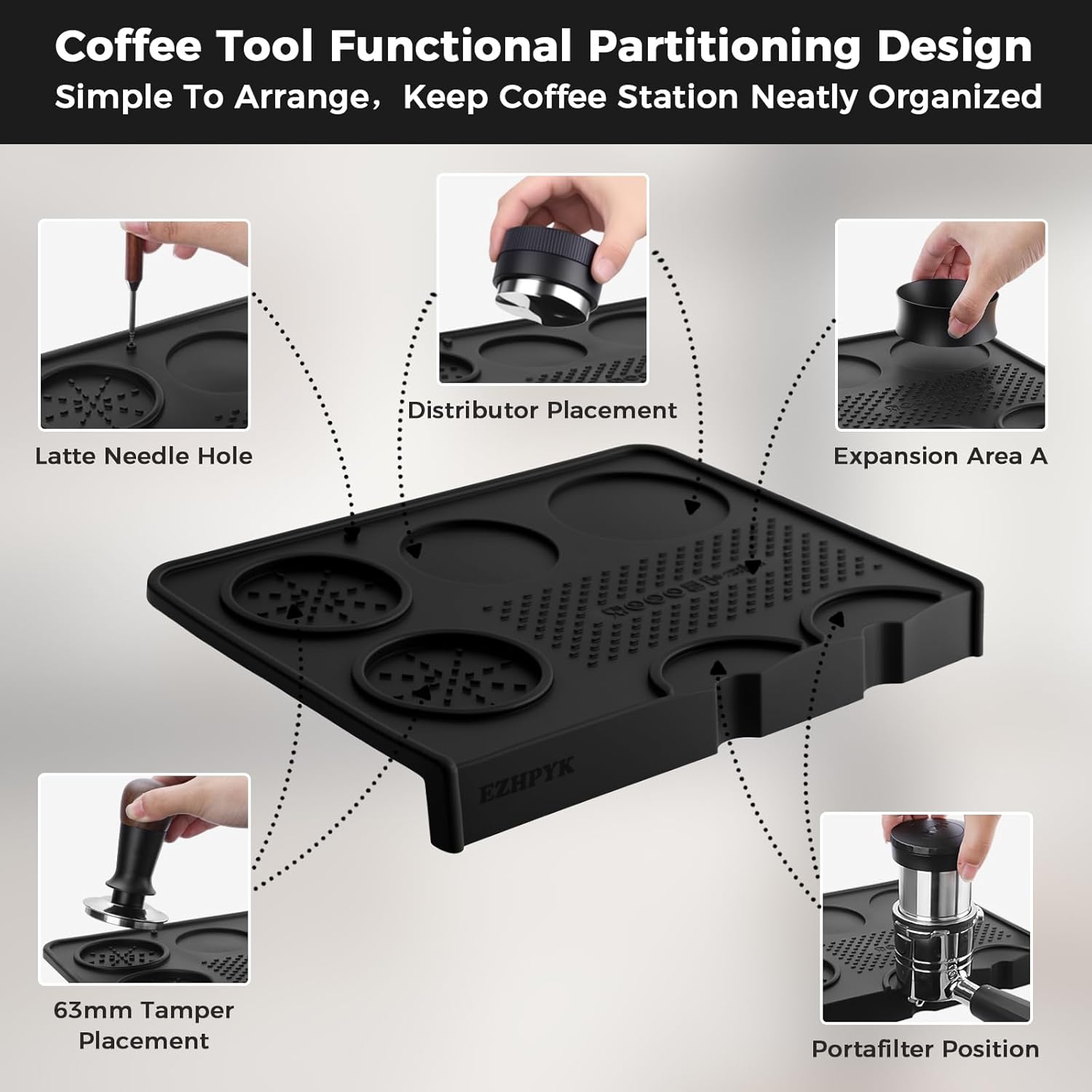 Food Grade Silicone Espresso Tamping Mat for Counter – Waterproof Non-Slip Coffee Tamper Mat for Barista Espresso Machine Accessories – Multi-Slot Tamp Station Espresso Mat for Countertop Black