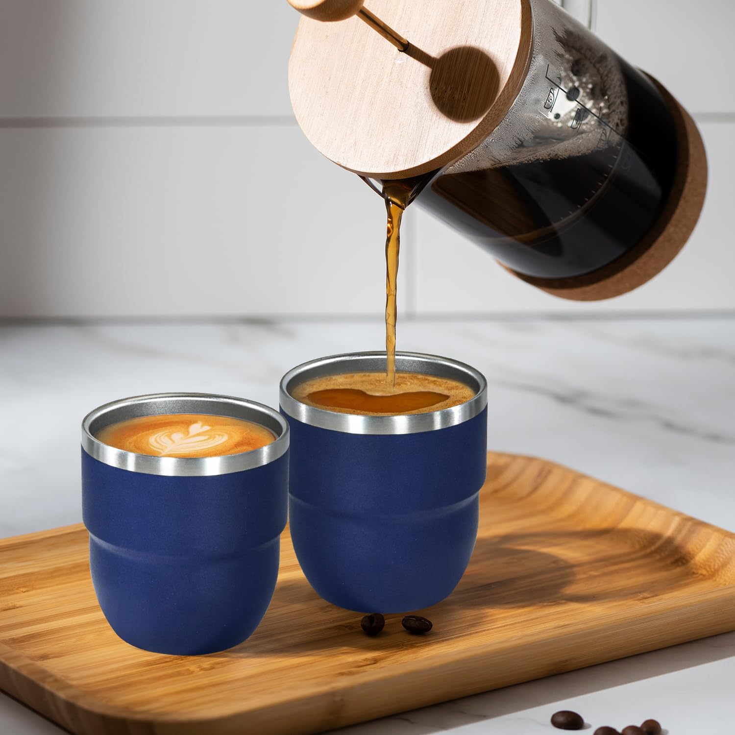 4oz Stackable Cup, Vacuum Insulated Espresso Cup Set of 2, Espresso Shot Glass for Coffee, Double Wall Stainless Steel Mini Tumbler Shot Glasses with Straw and Lid (A-navy2P, 4oz)