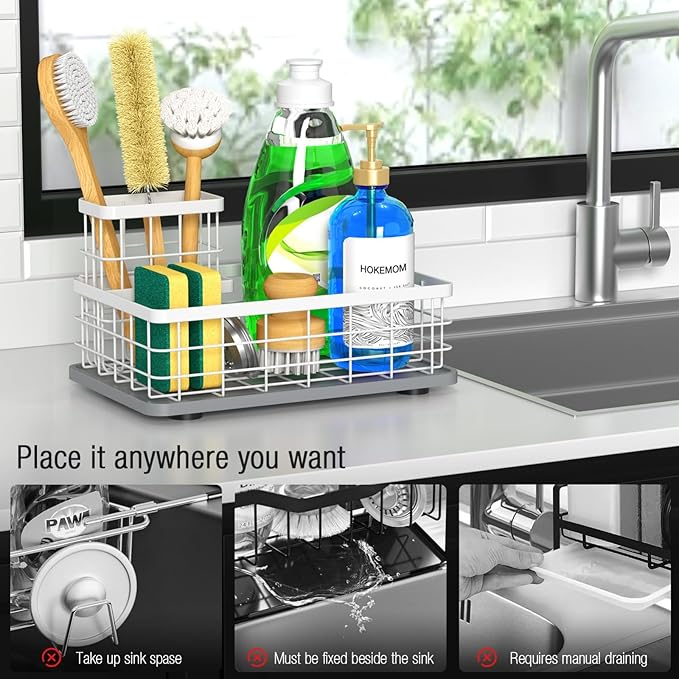 Large Family-Sized Sponge Holder for Kitchen Sink with Brush Holder - Drain-Free Non-Slip Base, 2.6mm Stainless Steel with White Rust-Resistant Coating-10.24"L x 6.5"W x 5.83"H Sink Organizer