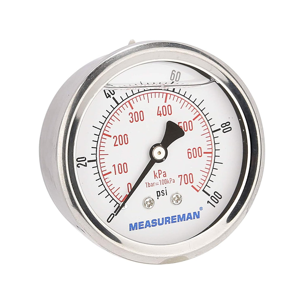MEASUREMAN 2-1/2inch Dial Size, Glycerin Filled Pressure Gauge, 0-100psi/kpa, 304 Stainless Steel Case, 1/4 Inch NPT Center Back Mount