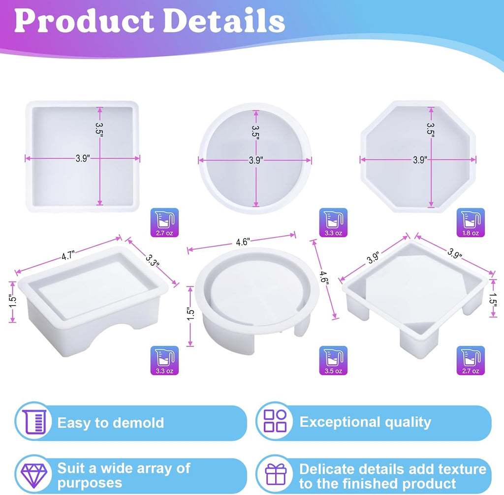 LET'S RESIN 18 Pcs Coaster Resin Molds Silicone, Coaster Molds with Round Square Octagon Shape Holder Molds for Epoxy Resin, DIY Art Craft Cup Mats