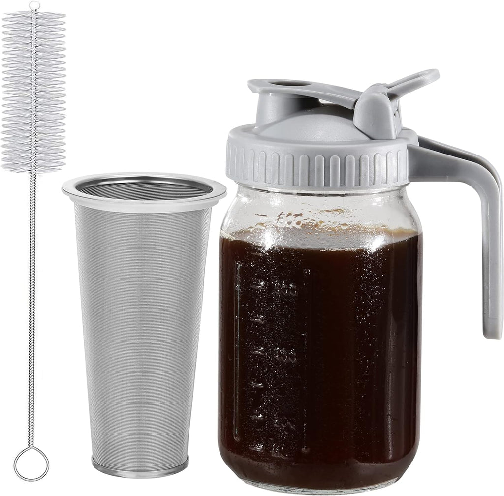 Cold Brew Coffee Maker Glass Pitcher, 32 oz Mason Jar with Pour Spout Handle Lid with Stainless Steel Filter for Iced Coffee, Lemonade, Ice Tea, Fruit Drinks
