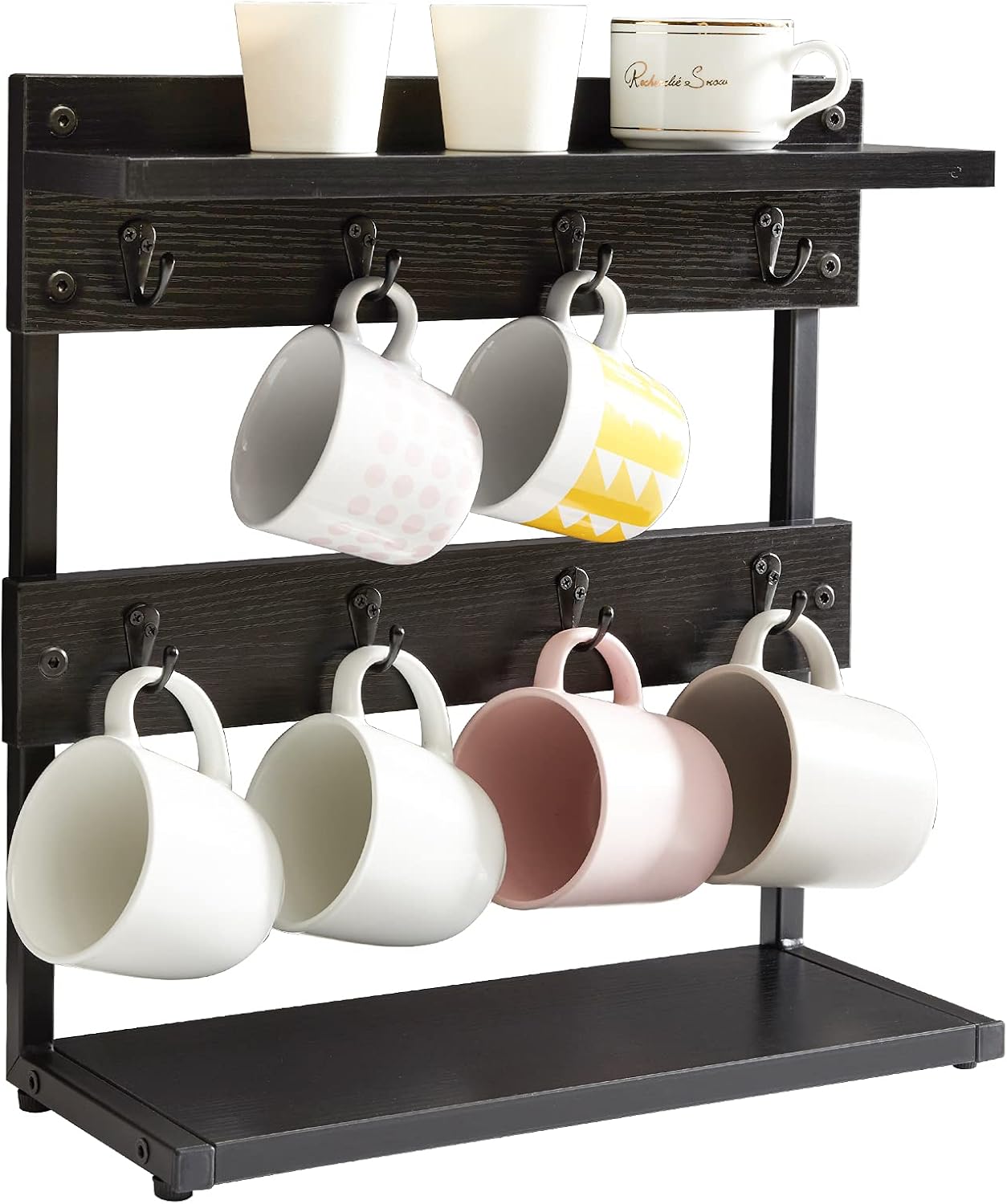 IBUYKE Rustic Coffee Mug Holder Stand, 2 Tier Countertop Mug Tree Holder Rack with Storage Base, Vintage Mug Holders for Kitchen, Holds 8 Mugs, Black UTBJ002B
