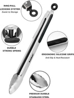 Anaeat Premium Kitchen Locking Tong Set of 3 - Heavy Duty Stainless Steel Food Tongs with Long Handle & Non-Slip Silicone Grip for Cooking, Baking, Grilling - Heat Resistant up to 480°F