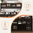 4ever2buy Farmhouse Coffee Bar Cabinet with Storage Hutch, 55“ Wine Bar with 12 Wine Racks and 8 Hooks, Coffee Station with 4 Open Shelves and Sliding Barn Doors for Kitchen, Dining Room, Dark Oak