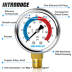 MEANLIN MEASURE 1/4" NPT 0-50psi Pressure Gauge, 2" Dial Glycerine Filled Pool Filter, 304 Stainless Steel Housing, Lower Mount, with 1/2" NPT and 3/8" NPT Hex Bushing