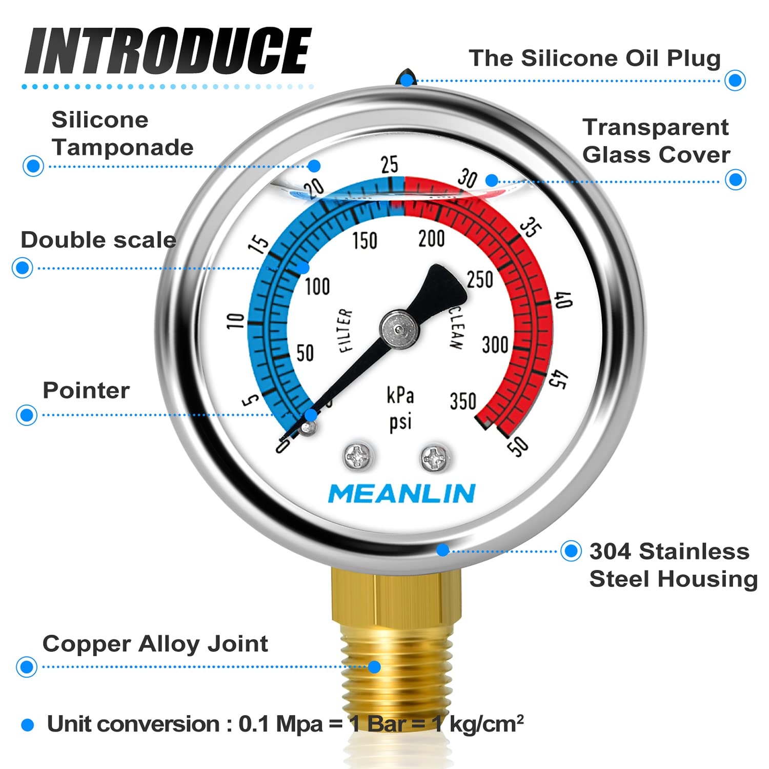MEANLIN MEASURE 1/4" NPT 0-50psi Pressure Gauge, 2" Dial Glycerine Filled Pool Filter, 304 Stainless Steel Housing, Lower Mount, with 1/2" NPT and 3/8" NPT Hex Bushing