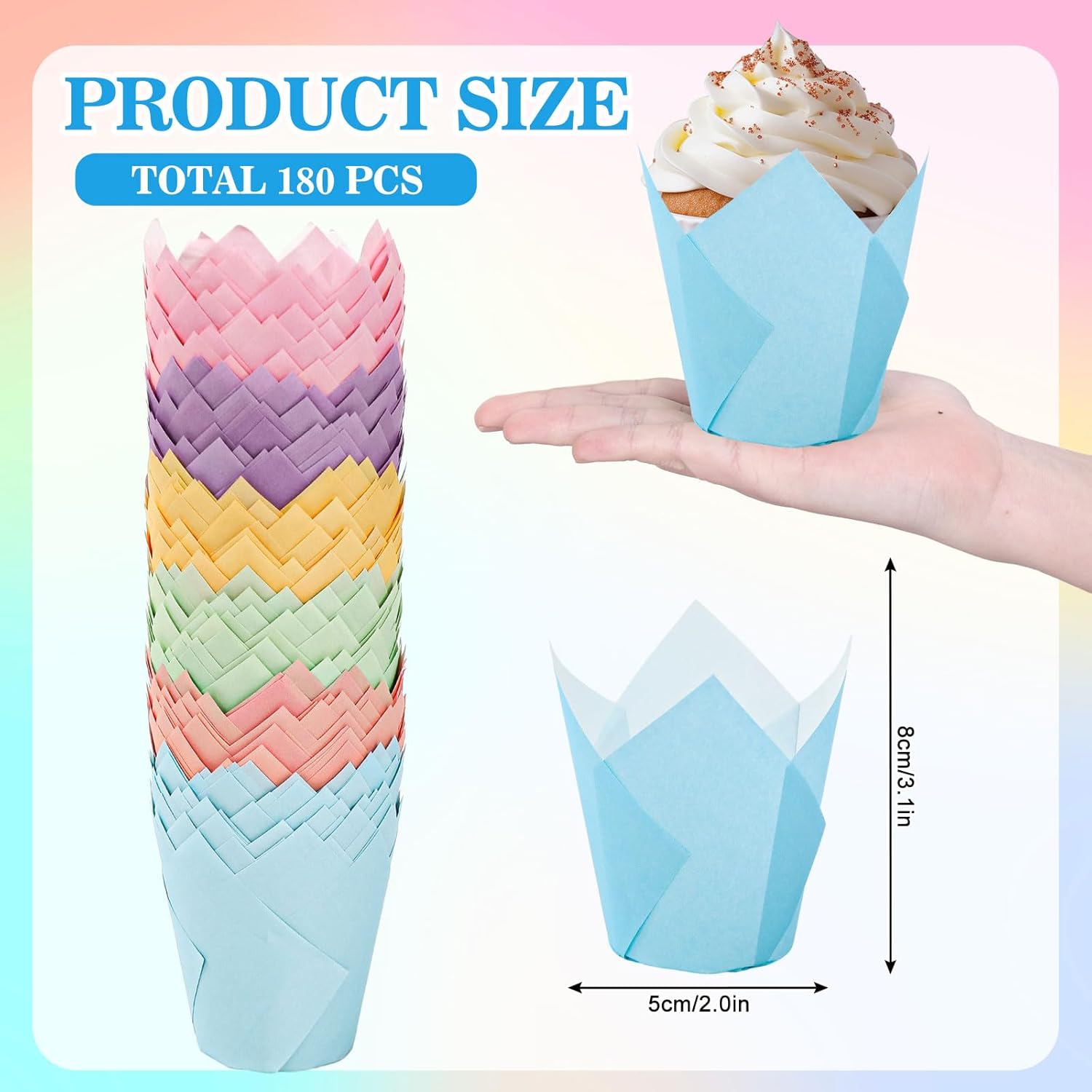 180Pcs Pastel Tulip Cupcake Liners Colorful Muffin Baking Cups Pink Blue Purple Yellow Orange Green Cupcake Wrappers for Spring Easter Holiday Party Supplies