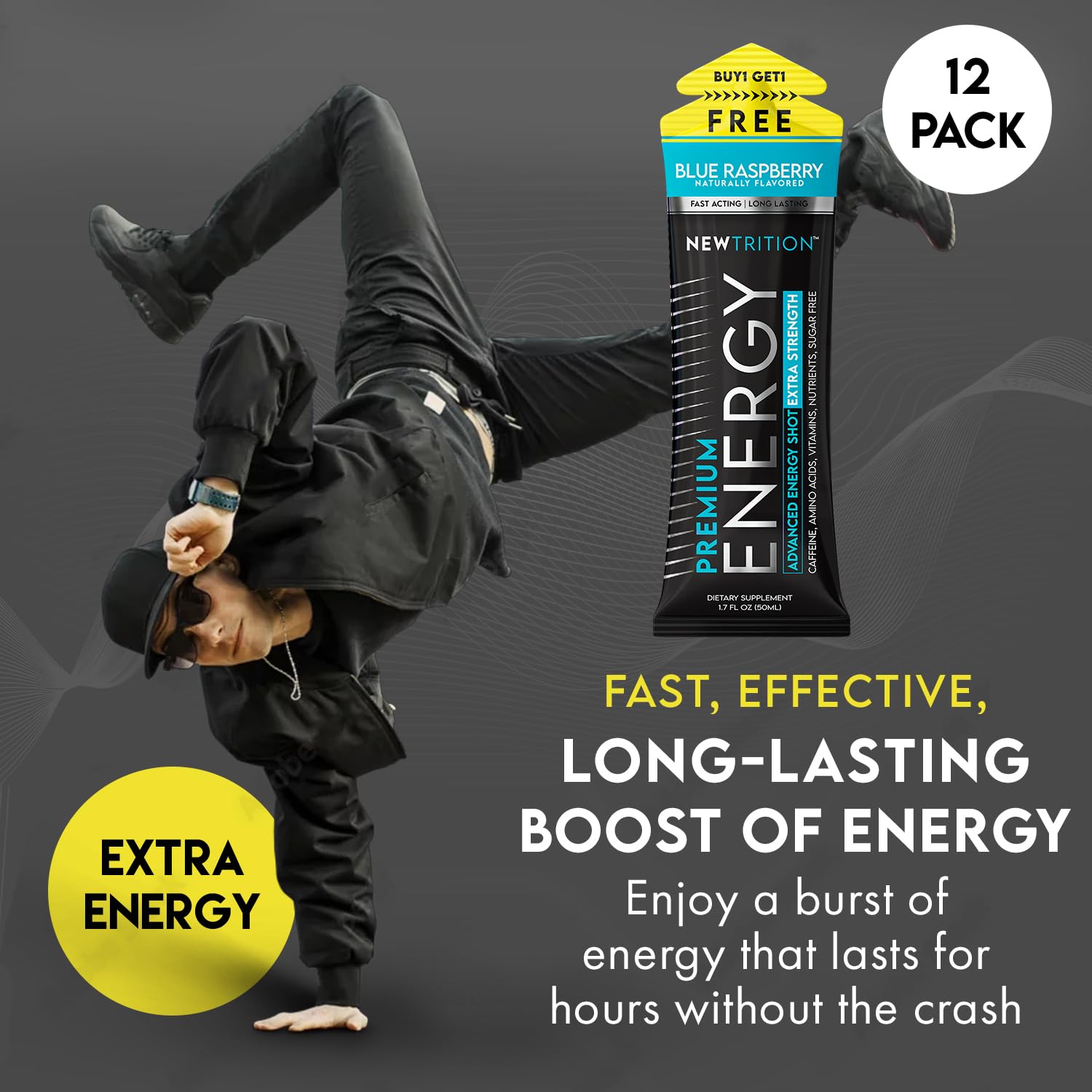 NewTrition® Extra Strength Energy Shots, 250mg Caffeine Energy Shots with Vitamin B & Amino Acids, Sugar-Free Vitamin Energy Shot, 1.7 fl oz (Pack of 12, 4 Flavors-Mixed-1)