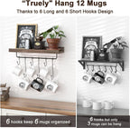 Coffee Mug Holder Organizer 2 Pack with 12 Mug Hooks Mug Rack Wall Mounted with Coffee Bar Sign Farmhouse Coffee Accessories and Organizer with Metal Basket Floating Shelves for Wall Weathered Walnut