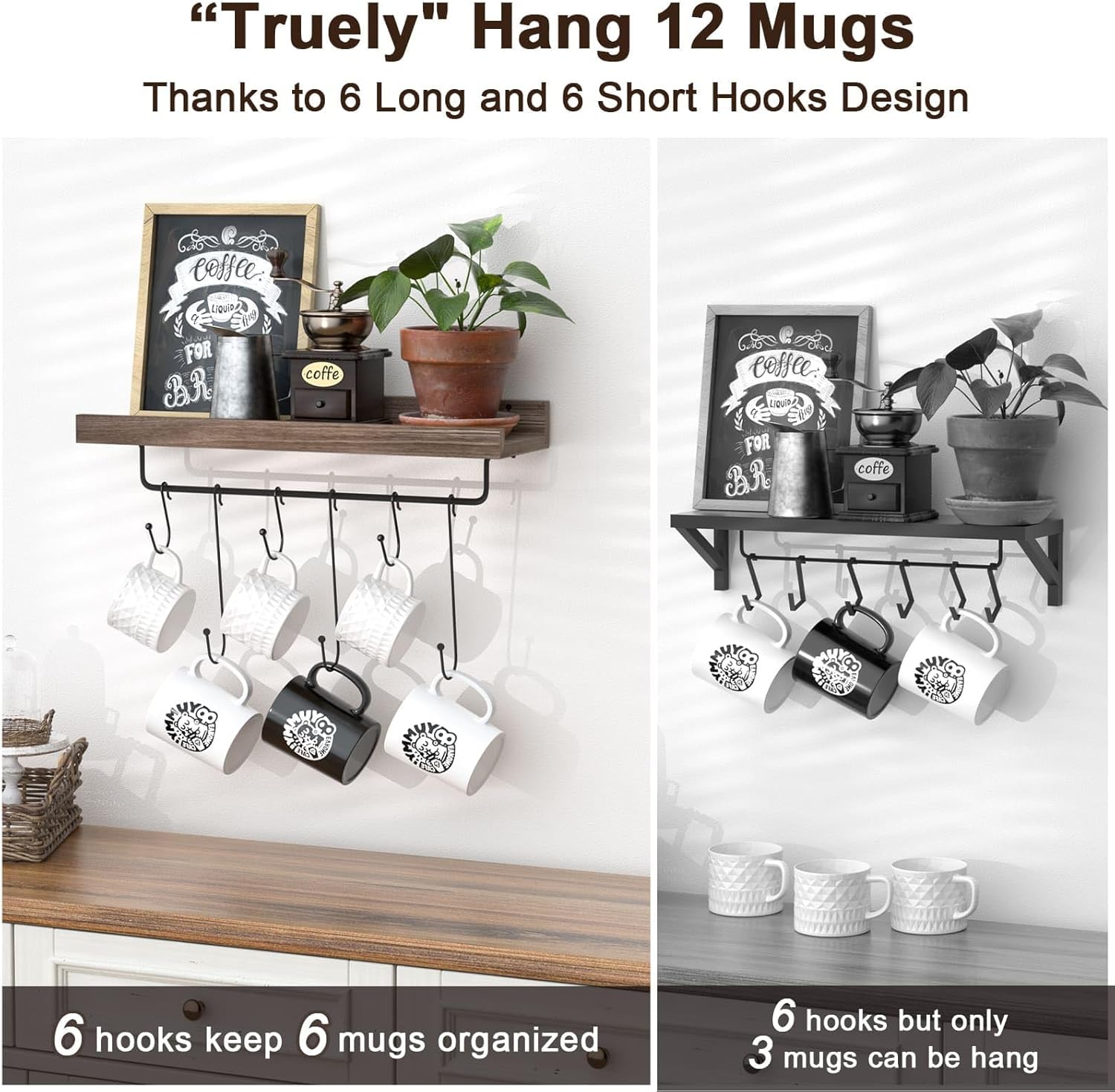 Coffee Mug Holder Organizer 2 Pack with 12 Mug Hooks Mug Rack Wall Mounted with Coffee Bar Sign Farmhouse Coffee Accessories and Organizer with Metal Basket Floating Shelves for Wall Weathered Walnut