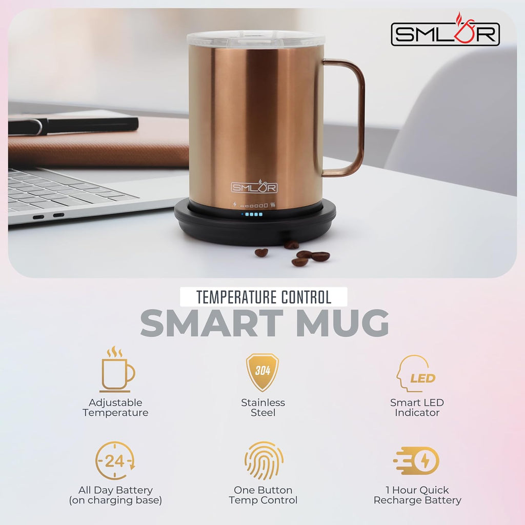SMLDR Pro Heated Mug, 14 oz Smart Mug, Self-Heating, Adjustable Temperature, Battery Powered Heated Coffee Mug, Quick Recharge Time, Great for Coffee & Tea, Excellent Gift (Rose Gold)