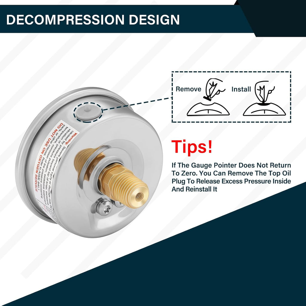 MEASUREMAN 2-1/2 inch Dial Size, Liquid Filled Pressure Gauge, 0-300psi/2000kpa, 304 Stainless Steel Case, 1/4 inch NPT Back Mount
