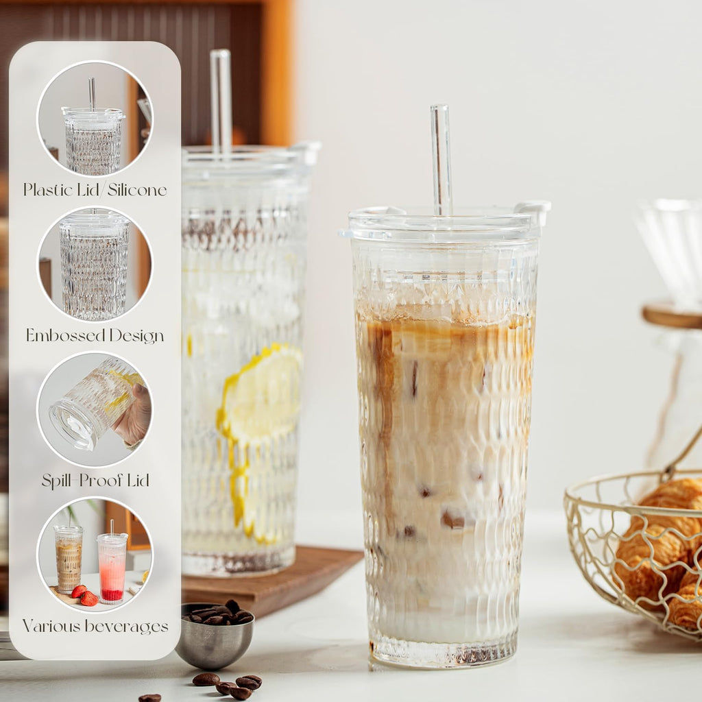 KEMORELA 18oz Glass Tumbler Set of 2 with Straw and Lid – Durable, Leak-Proof, Wide-Mouth Design – Perfect for Iced Beverages, Smoothies, and Daily Hydration Needs
