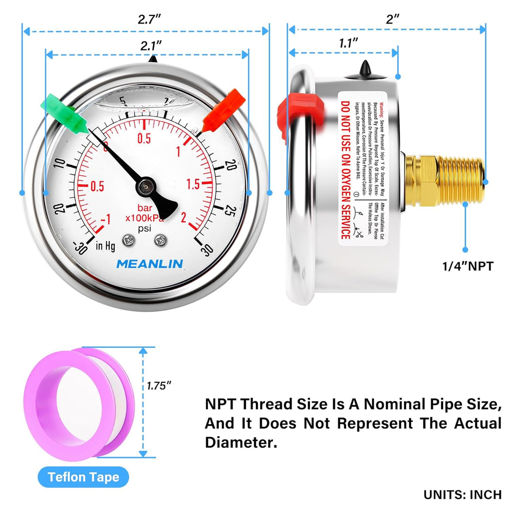 MEANLIN MEASURE -30inHG~30Psi Vacuum Pressure Gauge 1/4" NPT 2.5" FACE DIAL, Stainless Steel Liquid Filled Pressure Gauge WOG Water Oil Air Center Back Mount (with 2PCS Snaps)