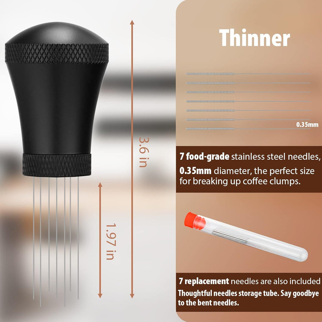 WDT Espresso Distribution Tool Espresso Stirrer Tools for Barista, 0.35mm 7 Needles Espresso Coffee Stirrer with Extra 7 Replaceable Needles, Aluminum Alloy Handle with Stand (Black)