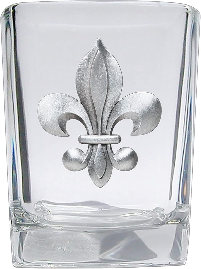 Heritage Pewter Fleur de Lis Square Shot Glass | Hand-Sculpted 1.5 Ounce Shot Glass | Intricately Crafted Metal Pewter Inlay