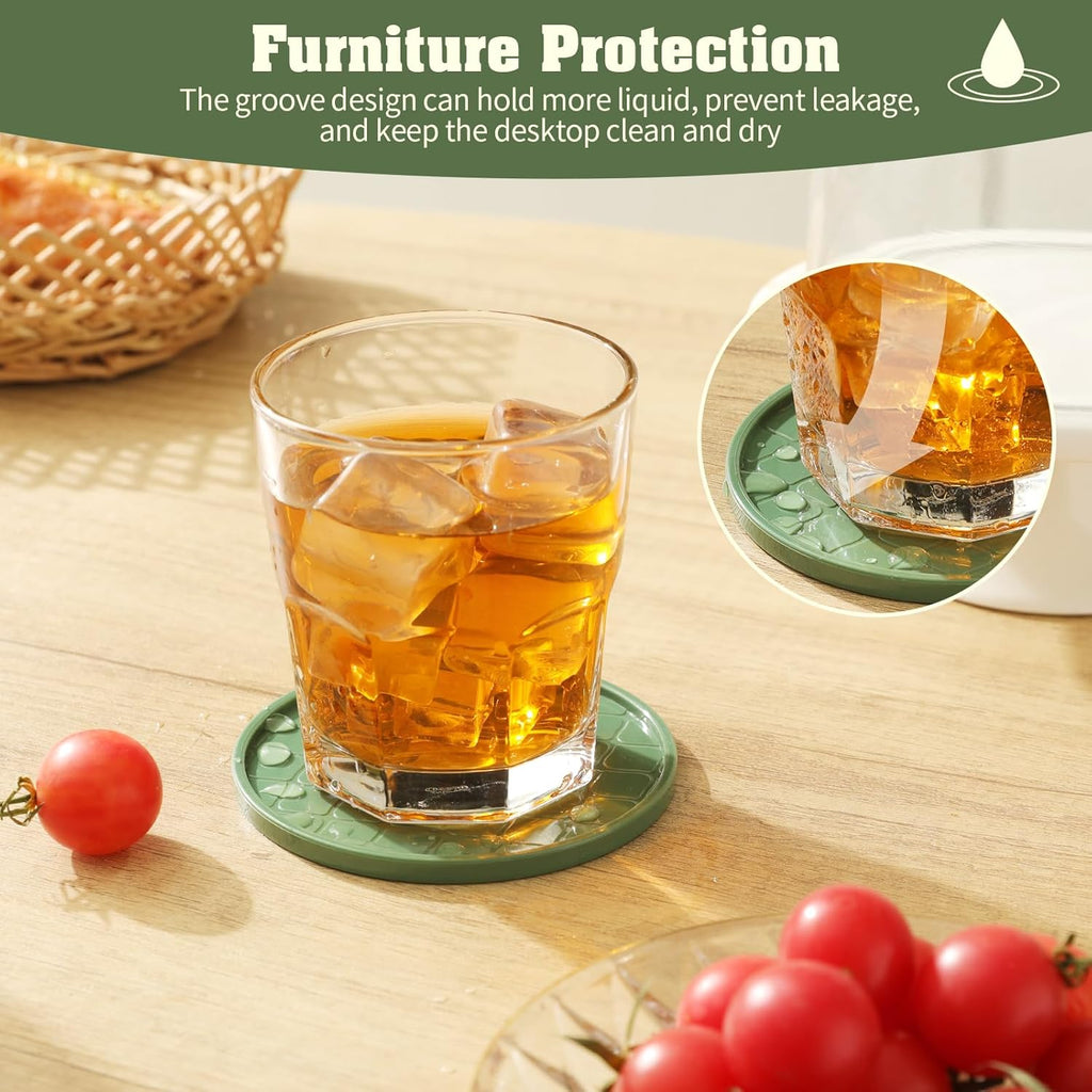 Coasters Set of 6,Hot or Cold Drink Coasters with Holder,Modern Style Coffee Table Coaster,Suitable for Kinds Cups Beer,Drink,Anti-Overflow Tabletop Protection(Green, 6pcs)