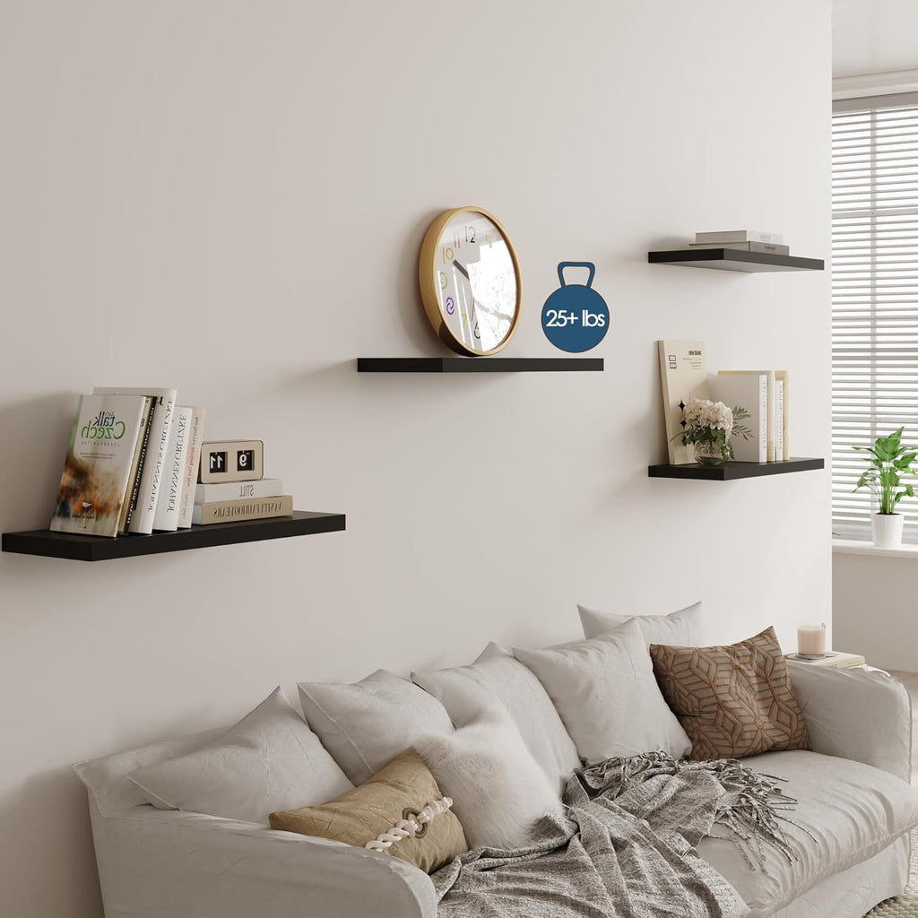 Wall Shelf Set of 3, Black Floating Shelves 24 in W x 10 in D x 1 in H, Wooden Floating Wall Shelf with Invisible Brackets for Living Room/Bedroom/Bathroom/Kitchen Storage and Decor