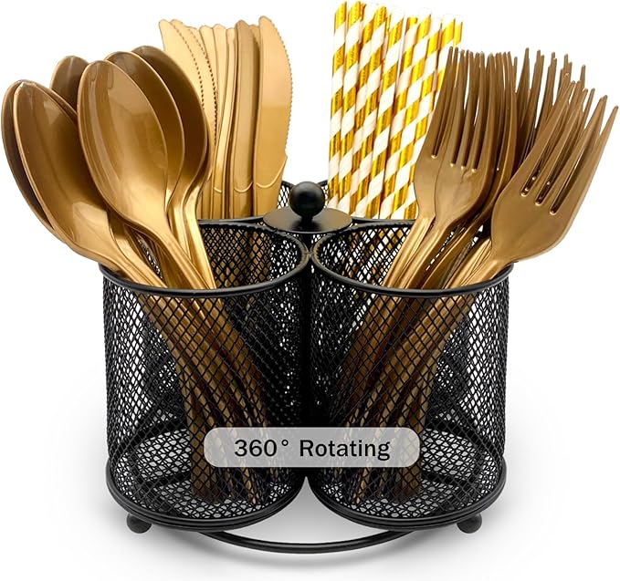 Silverware Holder Utensil Caddy - 360° Rotating Silverware Caddy 4 Compartment Metal Cutlery Organizer Fork Spoon Napkin Plastic Flatware Storage Basket Party Countertop Picnic Outdoor Black