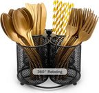 Silverware Holder Utensil Caddy - 360° Rotating Silverware Caddy 4 Compartment Metal Cutlery Organizer Fork Spoon Napkin Plastic Flatware Storage Basket Party Countertop Picnic Outdoor Black