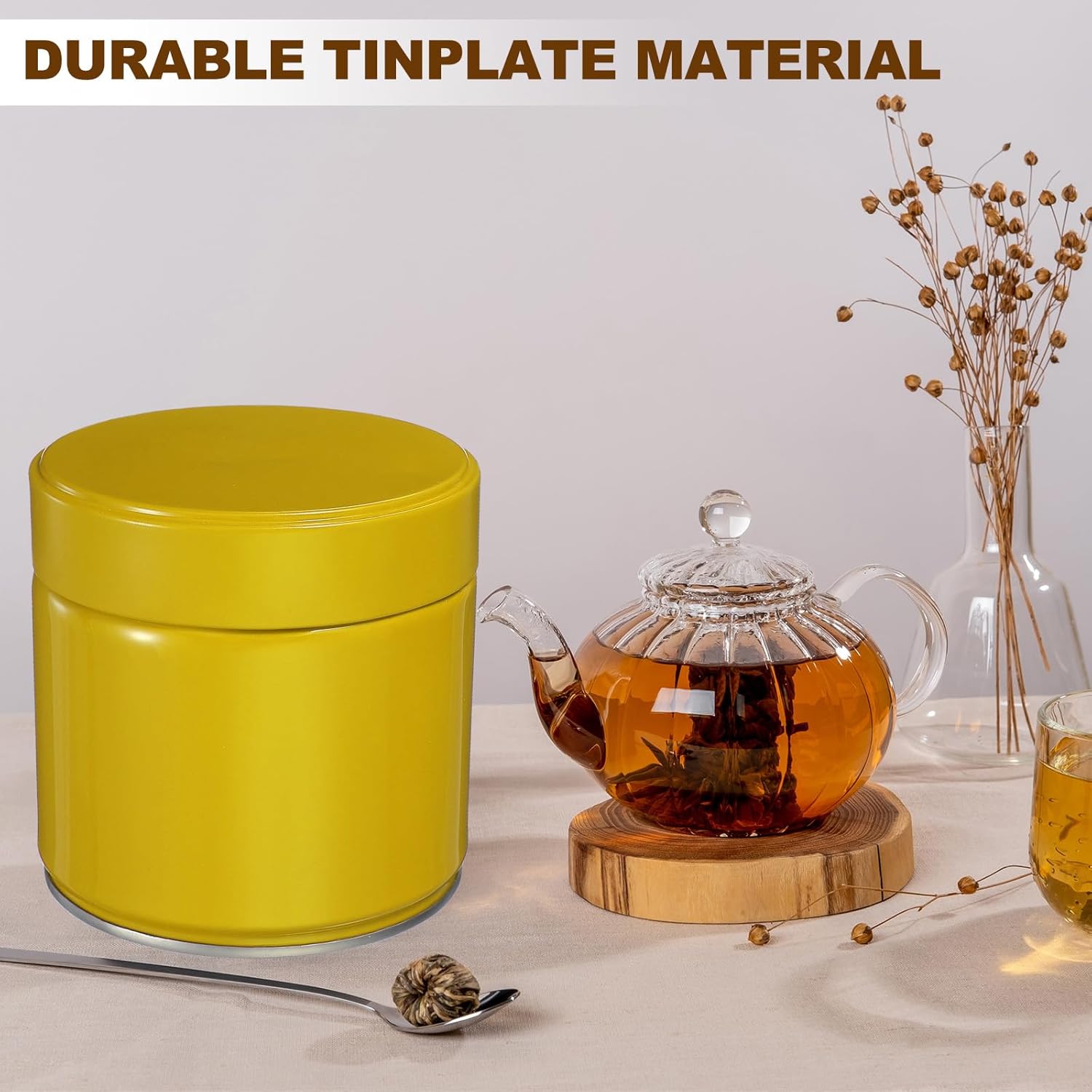 uxcell 2Pcs Round Tea Canisters, 4" x 4" Airtight Metal Tea Containers for Loose Tea, Coffee Beans, Spices - Durable, Compact, and Stylish Storage Tea Tin (Yellow)