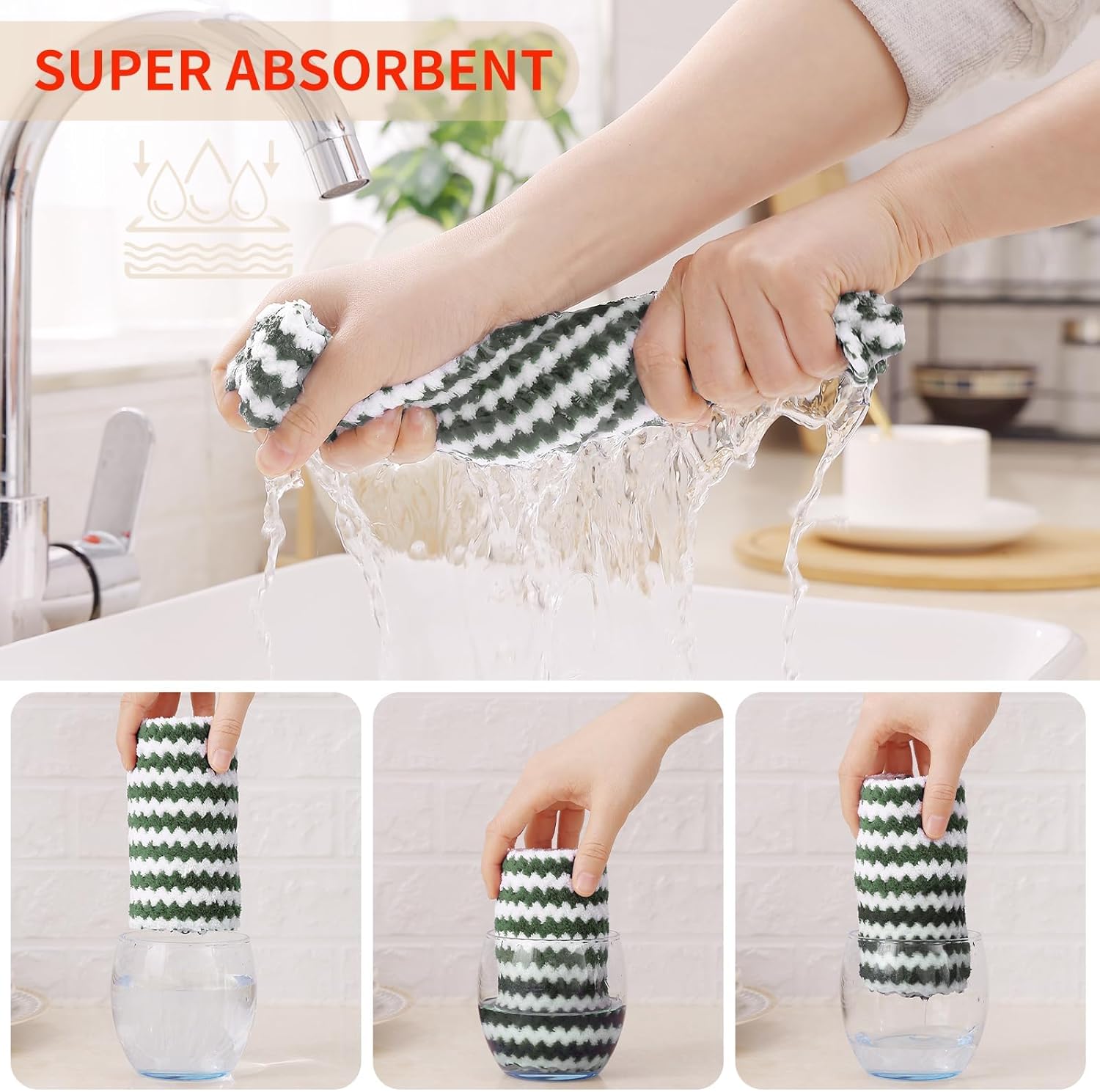 Homaxy 24 Pack Kitchen Dish Cloths, Ultra Soft and Absorbent Dish Towels, Reusable Fast Drying Microfiber Cleaning Cloth, Coral Velvet Wave Design No-lint, 10 x 10 inches, Grass Green