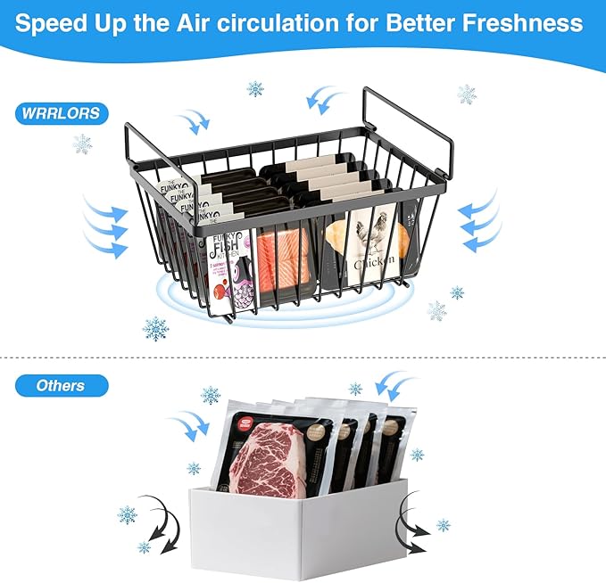 Freezer Organizers bins with Folding Handles，4 Pack Stackable Upright Freezer Organizers baskets for 5-7 Cu.Ft Deep Freezer Storage, Increased Space for Food Storage, Easy to access，Black