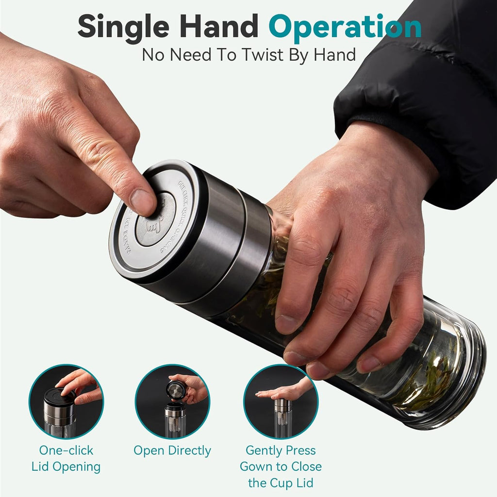 COMI Tea Bottle with Infuser,Double-Wall Glass Travel Mug with One Click Open Lid, Leak Proof Tea Infuser Bottle for Loose Leaf, Fruit & Flower Infused Drinks, Heat & Cold Resistant, Tea Gift Set