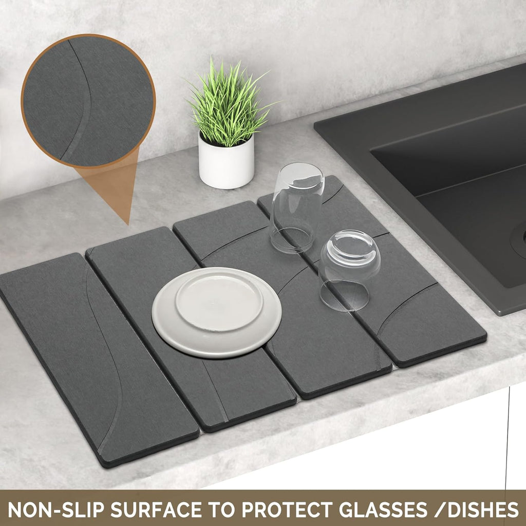 2 PCS Large Stone Dish Drying Mat for Kitchen Counter Quick Dry Stone Dishes Mats Marbled Water Absorbing Diatomaceous Earth Drying Pad for Countertop Bottles Utensils Cups (Carved Gray 24"x16"&8"x4")