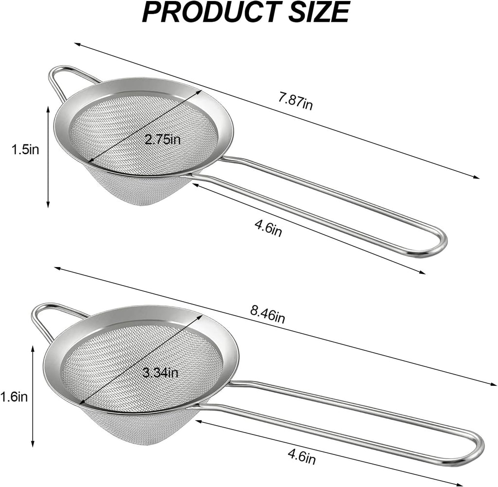 2 Pack Fine Mesh Strainer, Small Stainless Steel Sieves with Handles, for Steeping Loose Leaf Tea, Straining Cocktail, Juice and Sifting Flour, Powdered Sugar (2pcs-Conical)