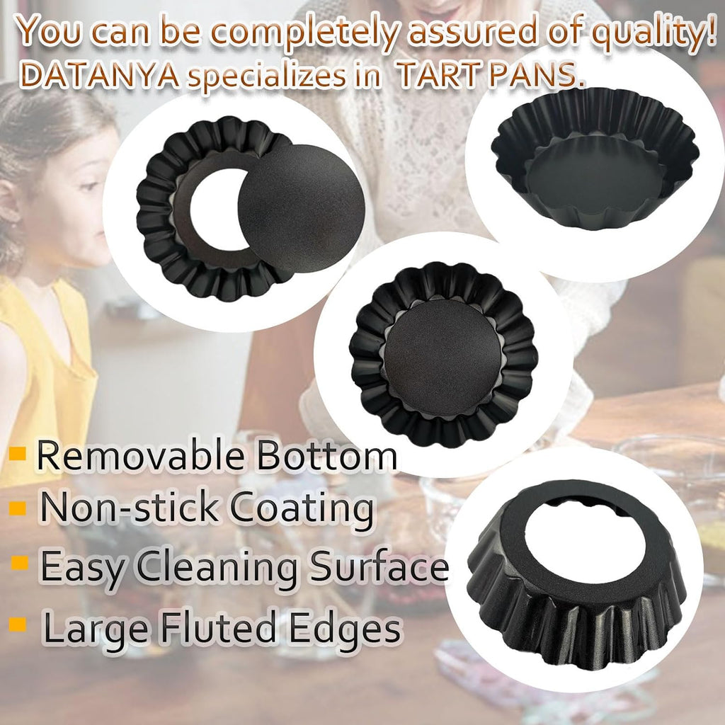DATANYA 12Pack Mini Tart Pans Removable Botttom 3 Inch Tart Pan, Round Nonstick Carbon Steel Fluted Quiche Pie Tart Pan for Baking Pies, Quiches, Tartlets, Tart Shells, Cupcakes, Desserts