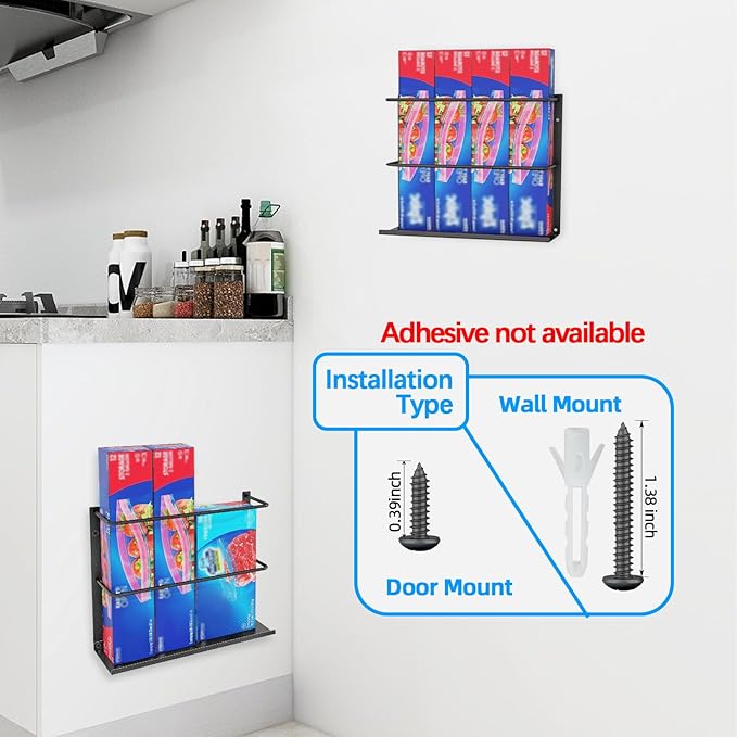 2 Pack Kitchen Wrap Organizer Door Mount, Aluminum Foil Holder Cabinet Door Organizer Cabinet Storage Basket for Kitchen Wrap/Food Bag Storage, Black