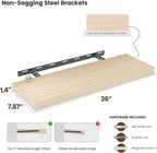 Vivelove Natural Wood Floating Shelves 36”，8 inch Deep Floating Shelf with Invisible Brackets, Unfinished Wall Shelves for Living Room, Bathroom, Kitchen, Bedroom, Home Decor, Set of 2 - Natural