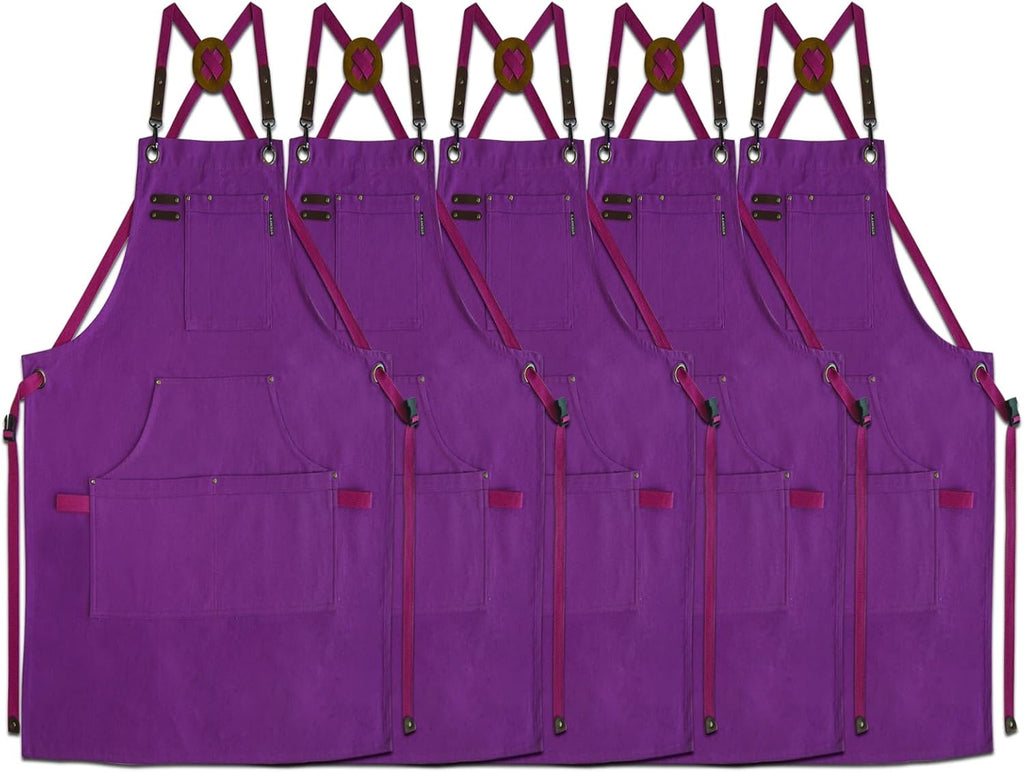 5 Pack Kitchen Apron, Work Apron, Canvas, Multiple Pockets, Gardening, Painting, BBQ, Artist, Carpenter, Sizes M to XXL, Purple
