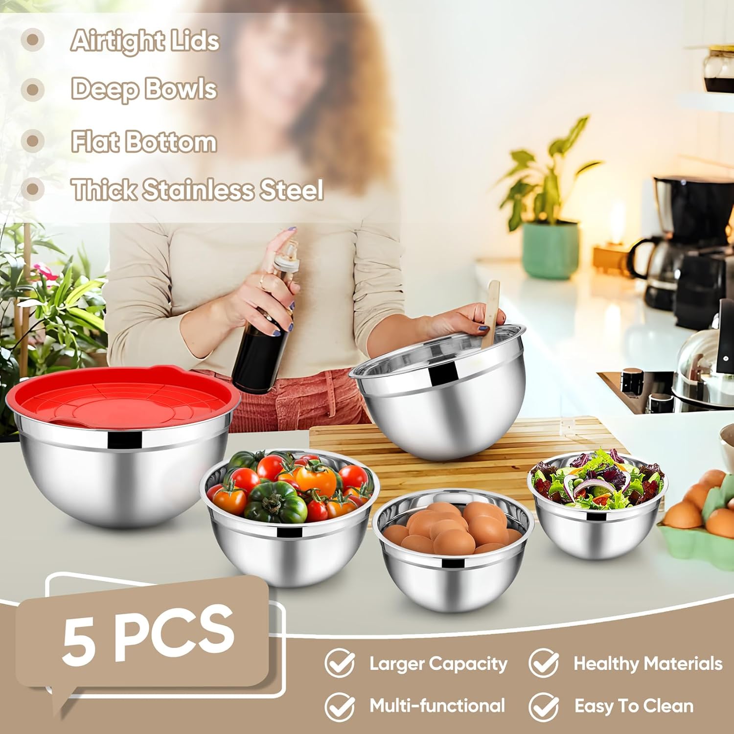 TeamFar Mixing Bowls, 4.5/3/1.5/1/0.7 QT, Stainless Steel Metal Nesting Salad Bowl with Lid Set, Ideal for Mixing Serving, Non-Toxic & Sturdy, Airtight Lid & Easy Clean, Red-Set of 5