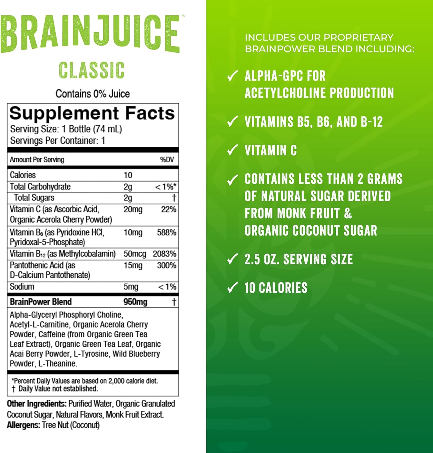 BrainJuice Focus & Energy Drink Shots, Nootropics with Alpha GPC, B Vitamins & Organic Green Tea Caffeine, Supports Focus, Memory & Clarity, Non-GMO, Gluten Free, Classic, 2.5 fl oz, 12 Pack