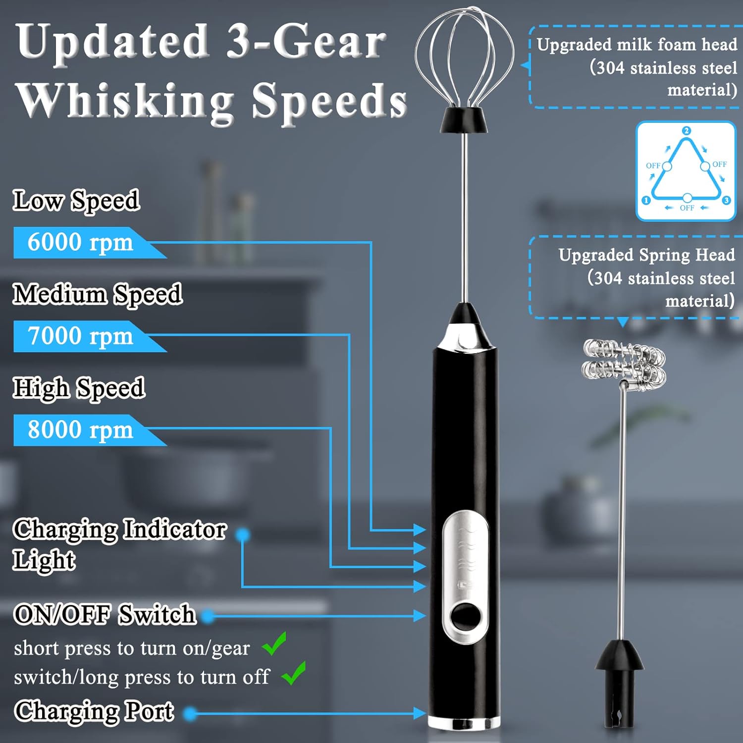 Electric Double Whisk Milk Frother Handheld Black USB Rechargeable Drink Mixer, 3 Speeds Adjustable Electric Whisk Foam Maker Detachable for Coffee, Lattes, Matcha, Hot Chocolate
