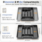 Caperci Large Silverware Organizer for Kitchen Drawer & Utensils - Expandable Drawer Organizer for Cutlery, Flatware & Gadget, BPA-Free Thick Plastic, Wider Compartments & Non-skid Feet (Black)