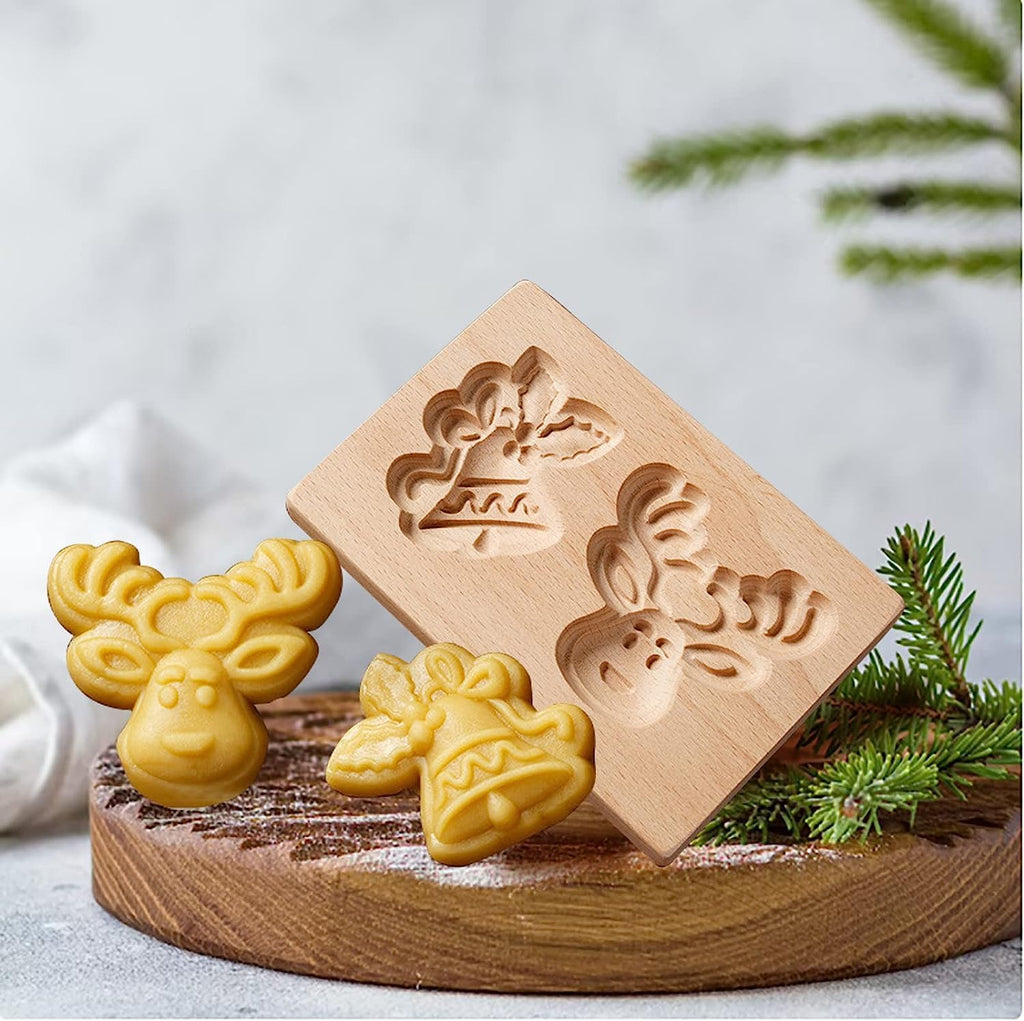 Wooden Cookie Biscuit Mold, 3D Baking Mold, Embossing Craft Decorating Baking Tool, Suitable for Halloween Thanksgiving Christmas Kitchen DIY (Bell Deer)
