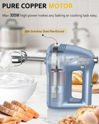 Electric Hand Mixer, Powerful 300W Hand Mixer Electric Handheld with 304 Beaters, Dough Hook, Hand Held Mixer with Turbo for Baking Cakes, Eggs, Cream Food(Blue)