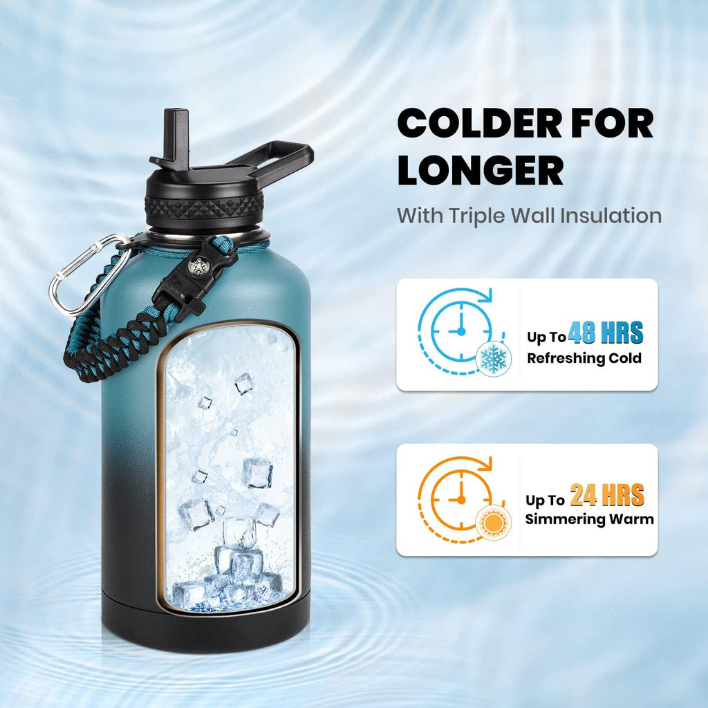 Insulated Water Bottle 64 oz, Triple Wall Vacuum Stainless Steel (Cold for 48 Hrs), Leak Proof & Non-BPA, Half Gallon Water Flask Jug with Paracord Handle & Straw Spout Lids