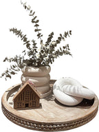 Round Wood Decorative Tray - Brown Washed Bead Tray for Coffee Table Wood Serving Tray Wooden Trays Decor Kitchen Counter Circle Tray Vintage Centerpiece for Living Room Candle Holder (15.75 inch)