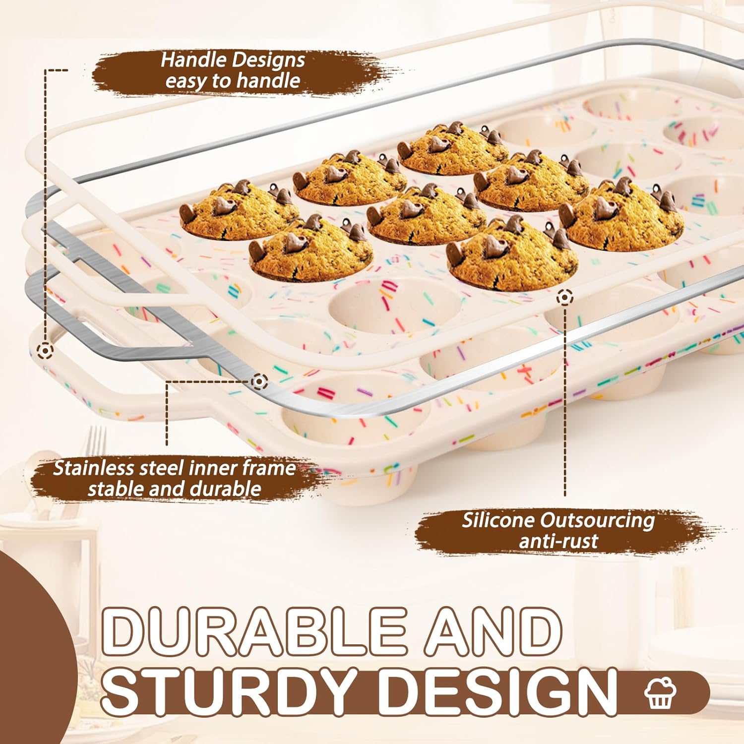 Silicone Mini Muffin Pan, 24 Cups Muffin Tin Baking Mold With Reinforced Stainless Steel Frame Inside, Nonstick Bakeware Cupcake Pan BPA Free, 2PCS