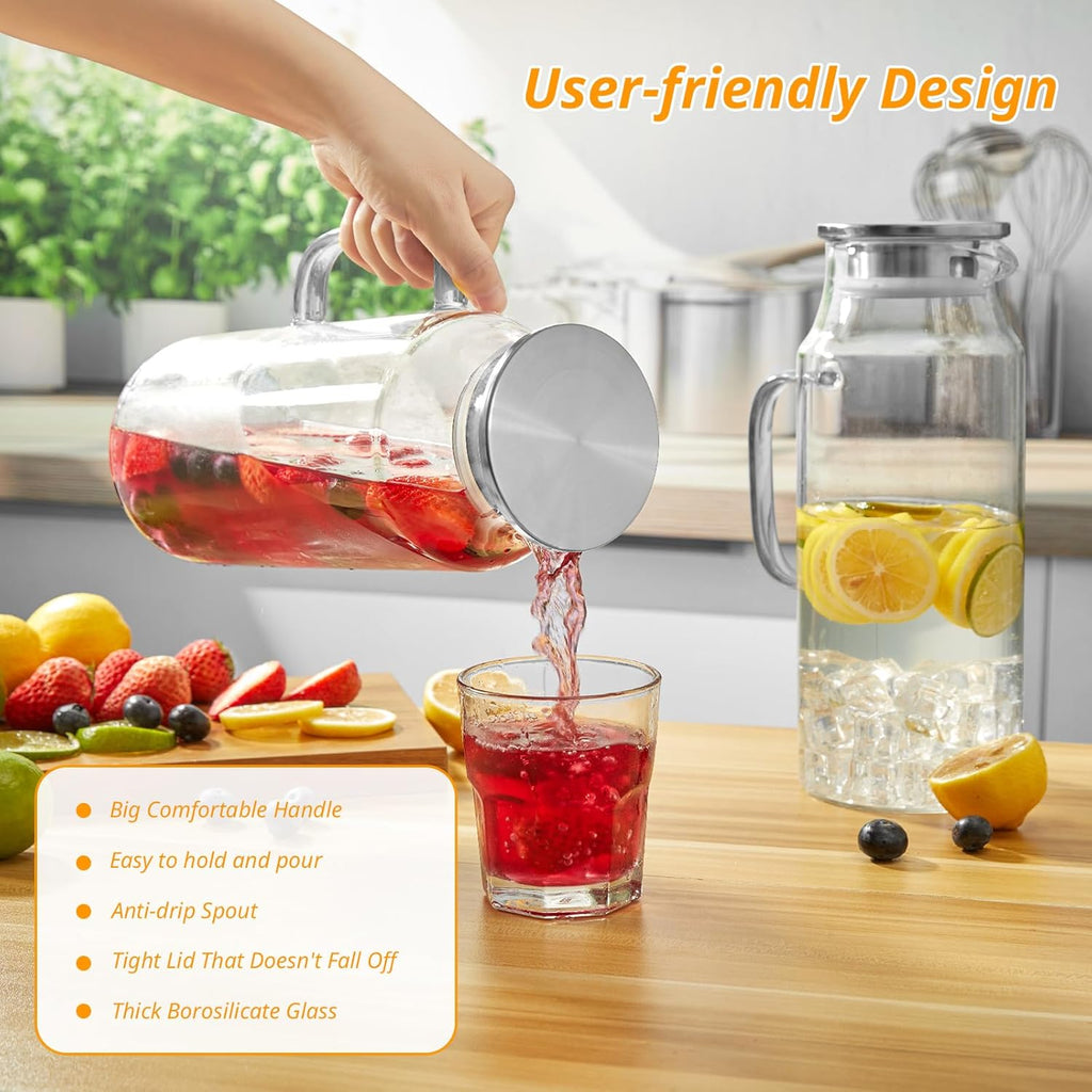2 Liter 68 oz Glass Pitcher with Lid and Spout, Glass Water Pitcher for Fridge, Glass Carafe for Hot/Cold Water, Large Jug for Iced Tea, Coffee, Juice and Homemade Beverage